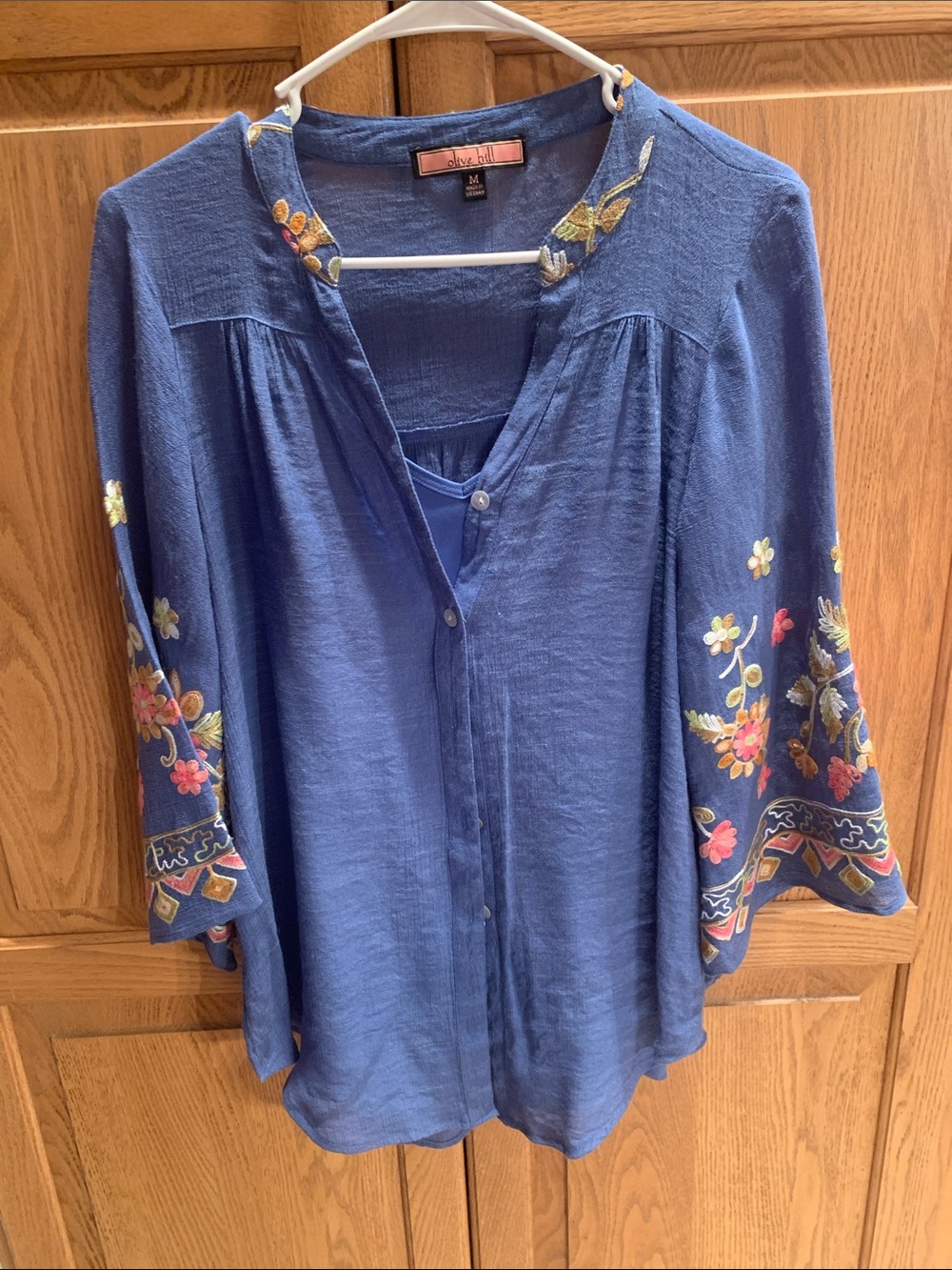 Olive Hill Indigo Blue Floral Embroidered Button-Front Blouse